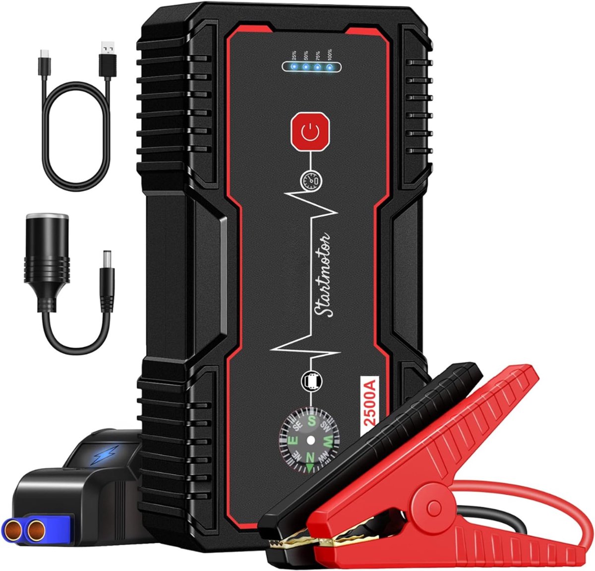 QUOVO® Krachtige Jumpstarter voor Auto – Startkabels 18000mAh – Acculader Auto 1500A – Starthulp met Zaklamp – Professionele Jumpstarters - met Powerbank – Zwart/Rood - 28cm x 22cm x 6cm