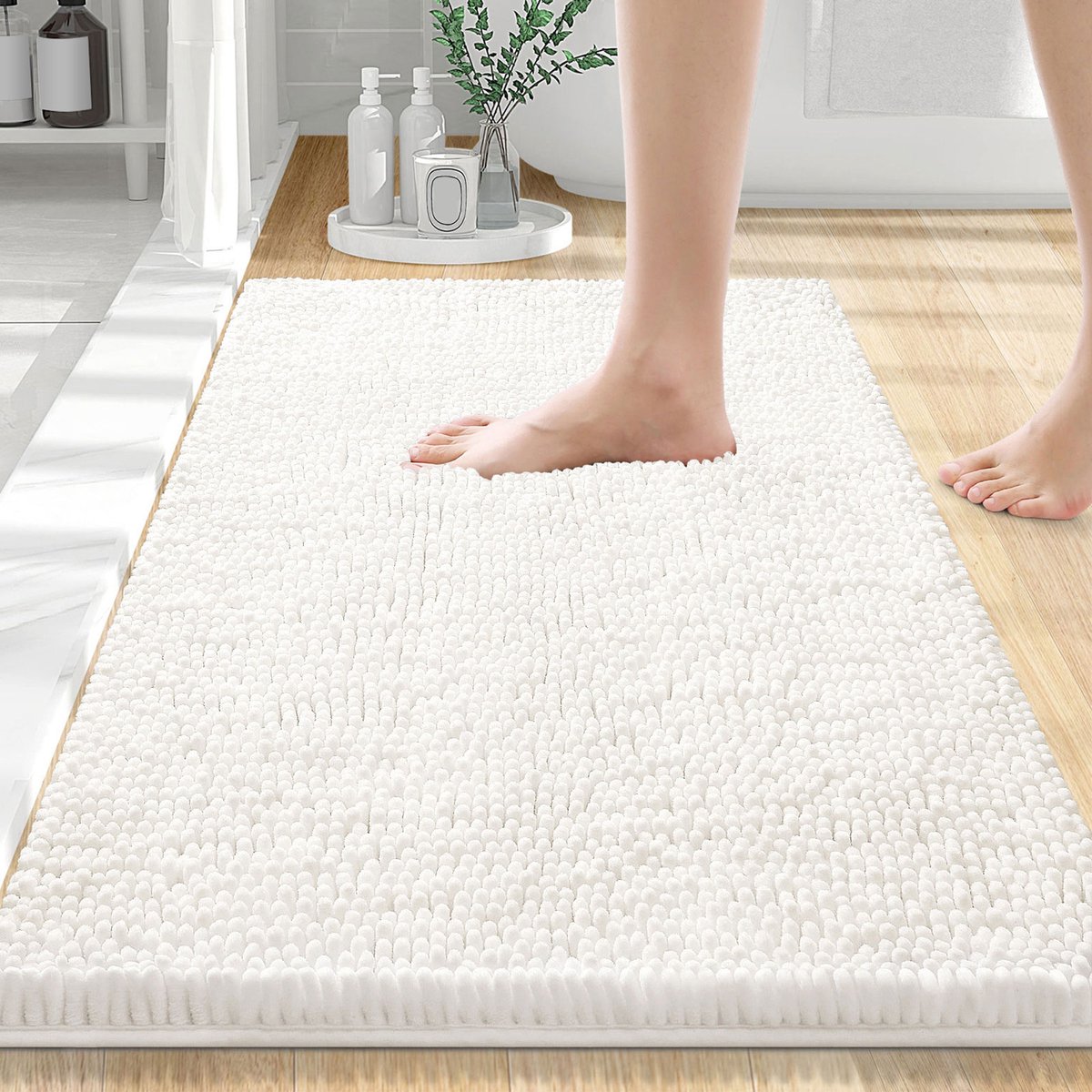 Olanly Badmat Antislip – Chenille Douchemat – Badmat Badkamer – Ivoorwit – 51X76cm