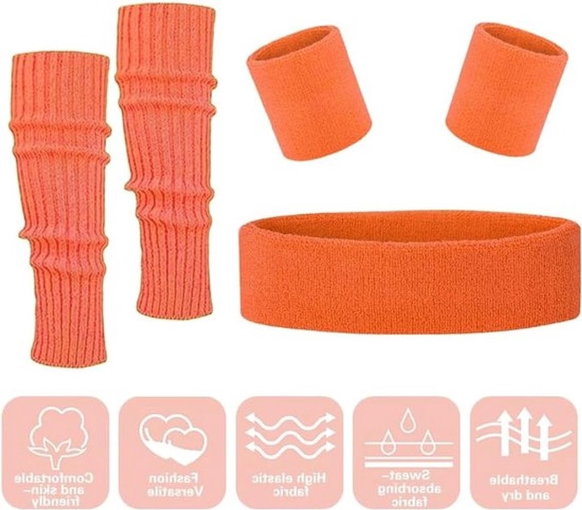 Set van retro 80s en 90s accessoires voor vrouwen, inclusief neon haarband, armband en beenwarmers voor themafeesten, carnaval en kostuums