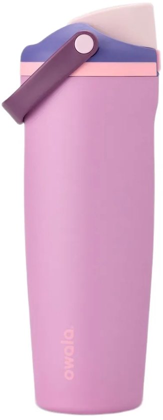 Roze fles met paars handvat en een gesloten blauw, roze en crème deksel. Owala logo.