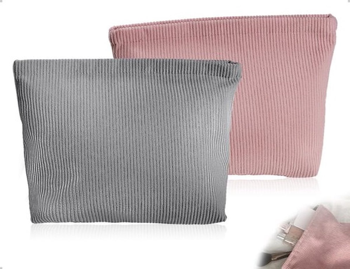 Make-uptas met spiegel - 2 stuks - Corduroy - Draagbaar - Klein - 26 x 18 x 4 cm - Slijtvast en elegant - Cosmetica Tas