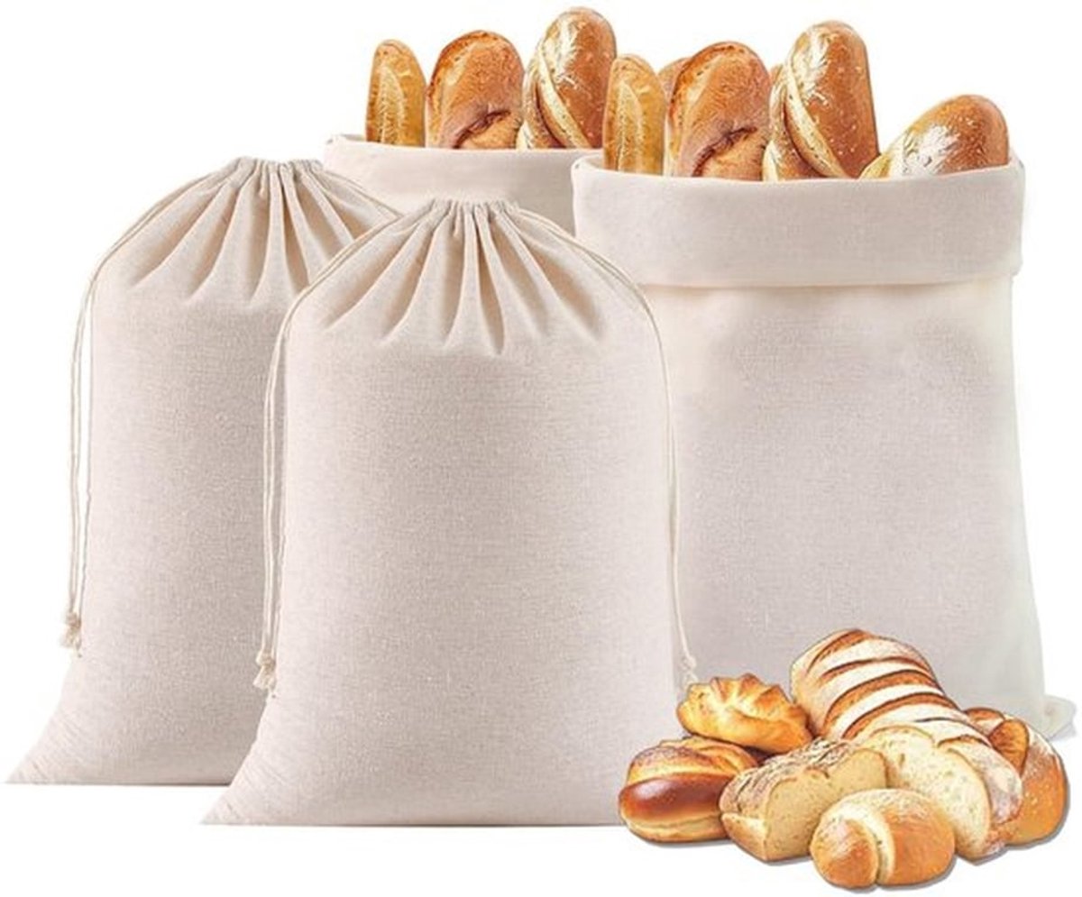 Broodzak 4-delige Set - Linnen - 30 x 40 cm - Ademend - Trekkoord - Milieuvriendelijk - Voor Brood/Groenten/Fruit - Broodtassen