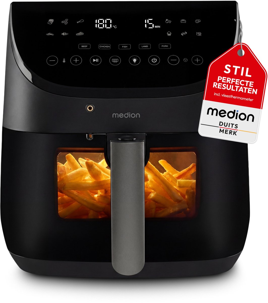 MEDION X20 XL Heteluchtfriteuse (6,6 L, 5 vleesprogramma’s met kerntemperatuursonde, stille DC-motor 1.700 W, 10 programma’s, PFAS-vrij, ILAG coating)