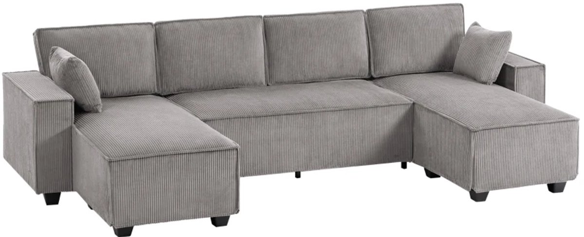 Hoekbank met Dubbele Chaise Longues - U-vormige Corduroy Bank - Brede en Diepe Zitting - Binnenveringskussens - Lichtgrijs