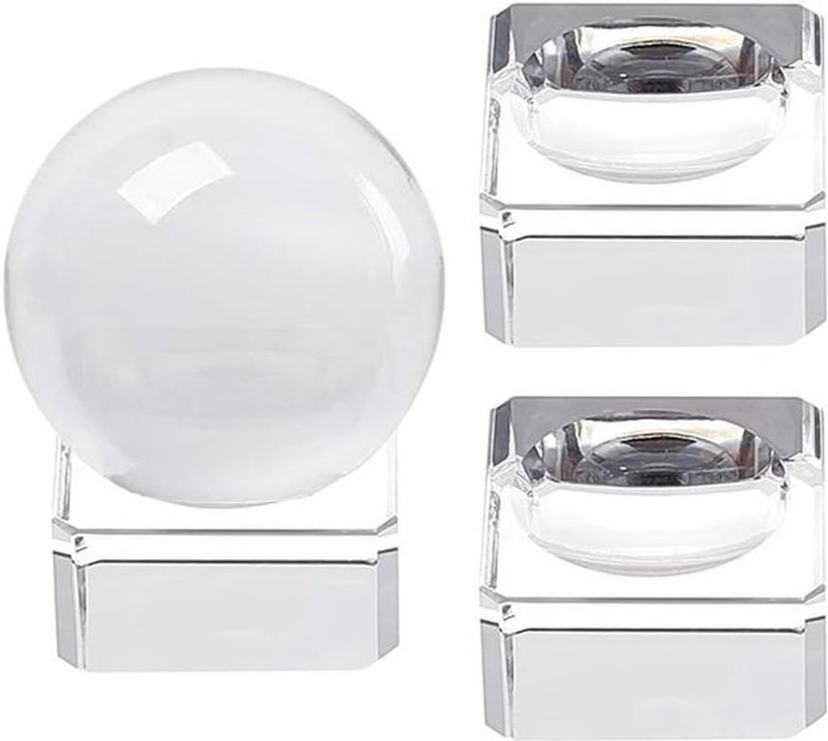 Kristallen Bollenstandaard - Vierkante Display - Transparant - Glazen Houder - Bol - Basis voor Display - Kristallen Ballen - Golfbal - 3 Stuks - Geschikt voor 40 mm tot 90 mm - Transparant - Vierkant - Kristal - Balhouder