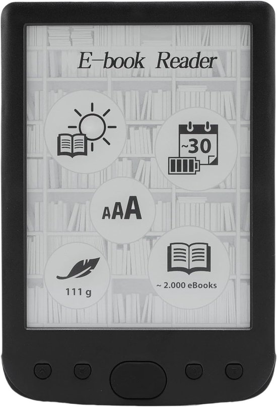 Zwart e-book lezer met e-ink-scherm dat icoontjes toont voor helderheid, kalender, batterij, lettergrootte en boeken.
