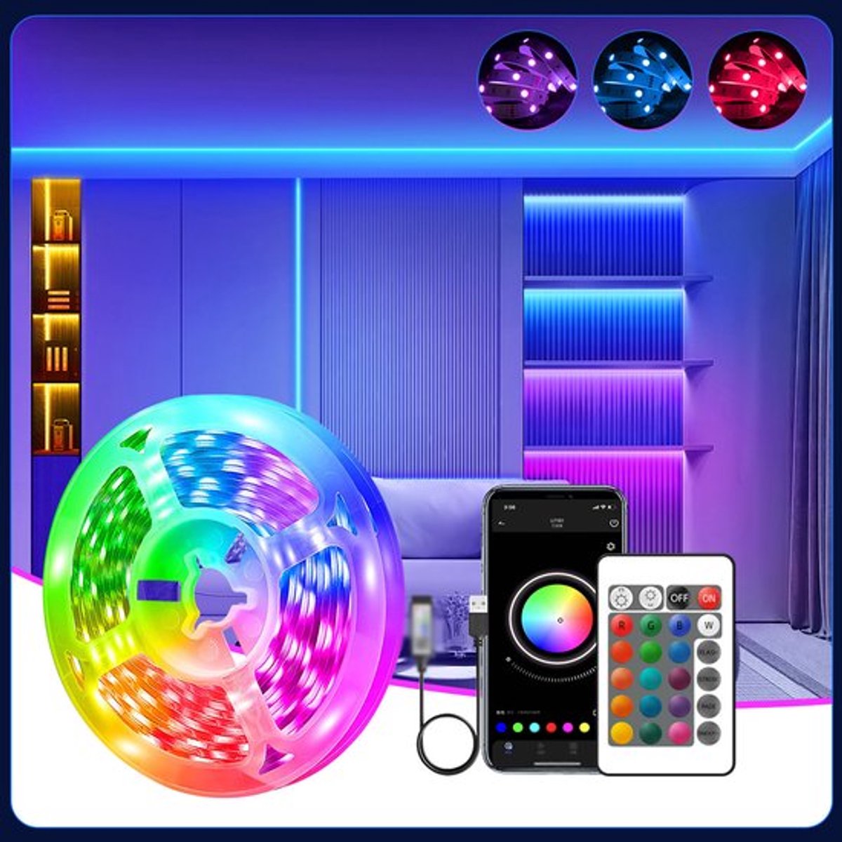 Deze 1 meter lange USB-ledstrip verandert van kleur op de maat van de muziek; het is een zelfklevende slimme ledstrip die geschikt is voor slaapkamers, speelkamers, feestjes, vakanties en andere gelegenheden.