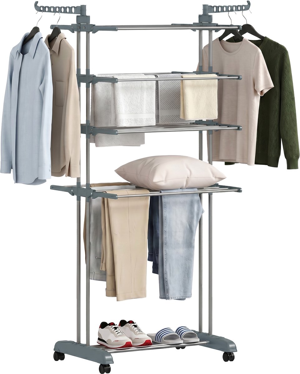 ECTEATOY® Inklapbaar Wasrek - Droogrek met Wielen en 5 Niveaus - Mobiel Wasdroogrek - RVS en Kunststof - Grijs