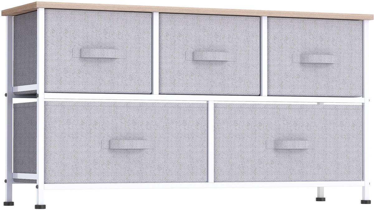 TEKROA® Ladekasten - Commode met 5 stoffen lades - slaapkamerkast - metalen frame - 100x30x54 cm - grijs