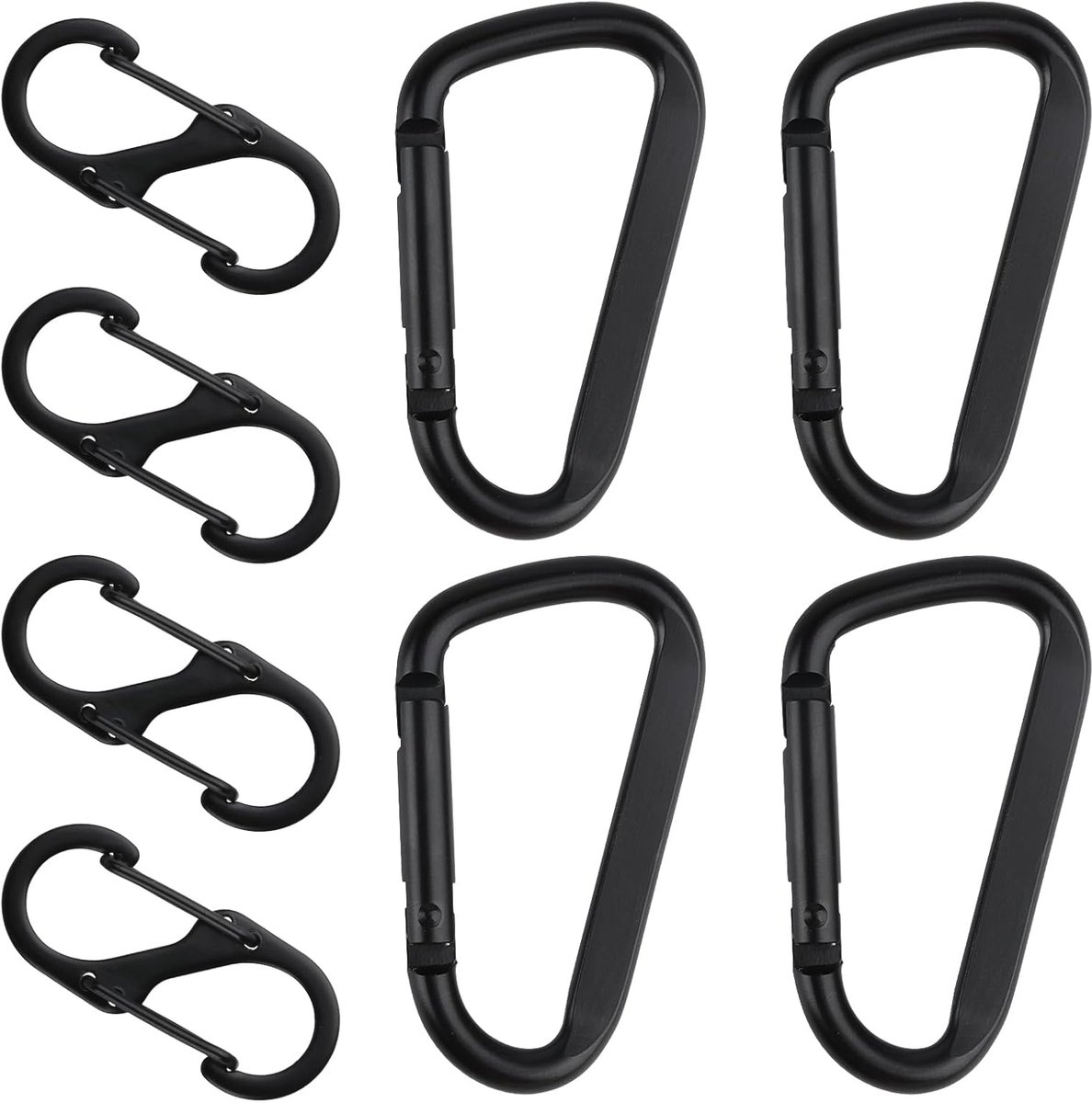 Set van 8 karabijnhaken, inclusief 4 D-clips, karabijnhaken en 4 stuks S-karabijnhaken, aluminium, metaal, dubbele karabijnhaak, zwart, voor kamperen, wandelen, rugzak