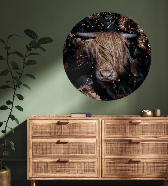 Papier peint Circle - Scottish Highlander - Vaches - Fleurs - Lumière - 100x100 cm XXL