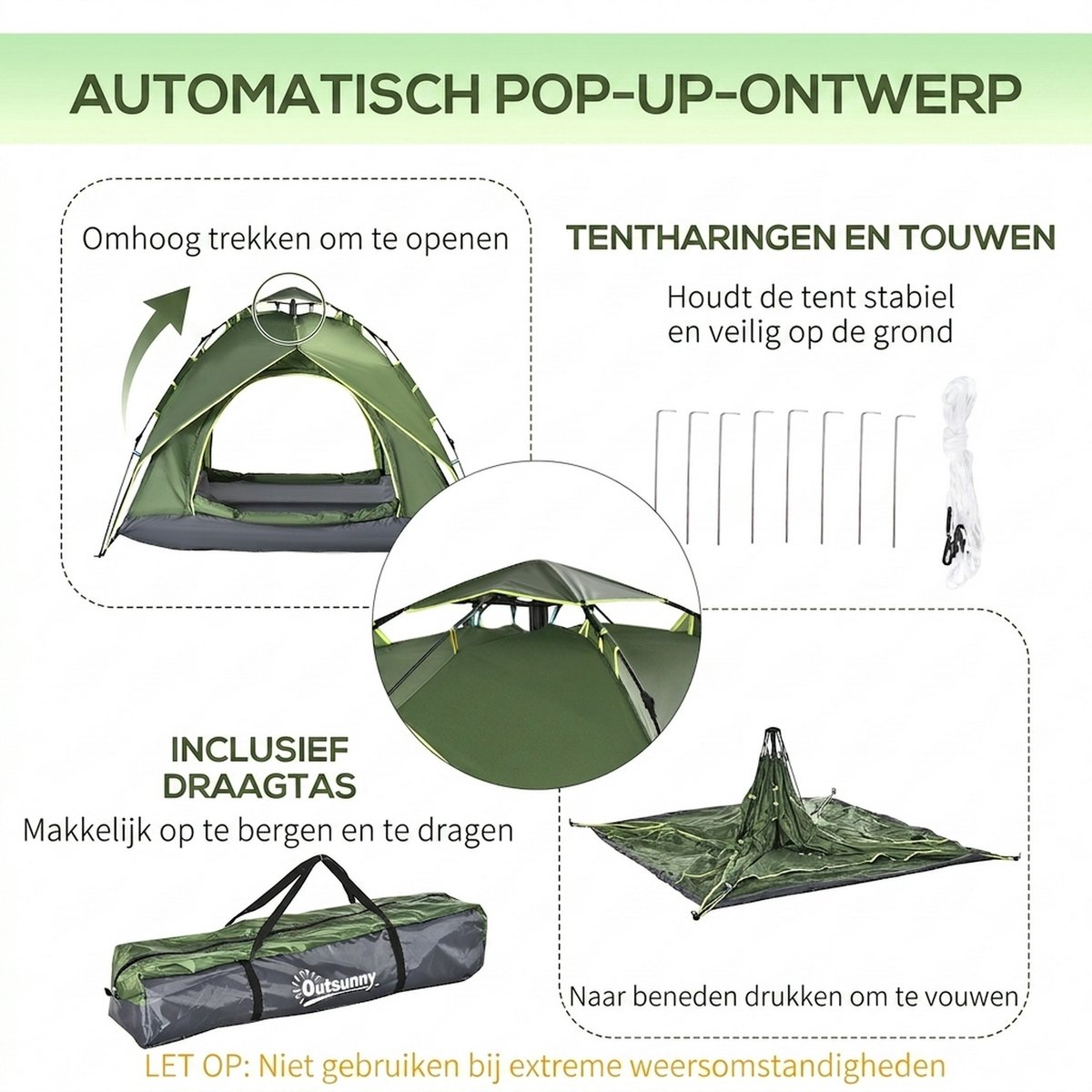 Kampeertent - Pop Up Camping Tent - Kampeertent voor 2 Personen - Met 1 transporttas - Waterdicht en Ventilerend Muggengaas - UV bescherming - Groen – foto 3
