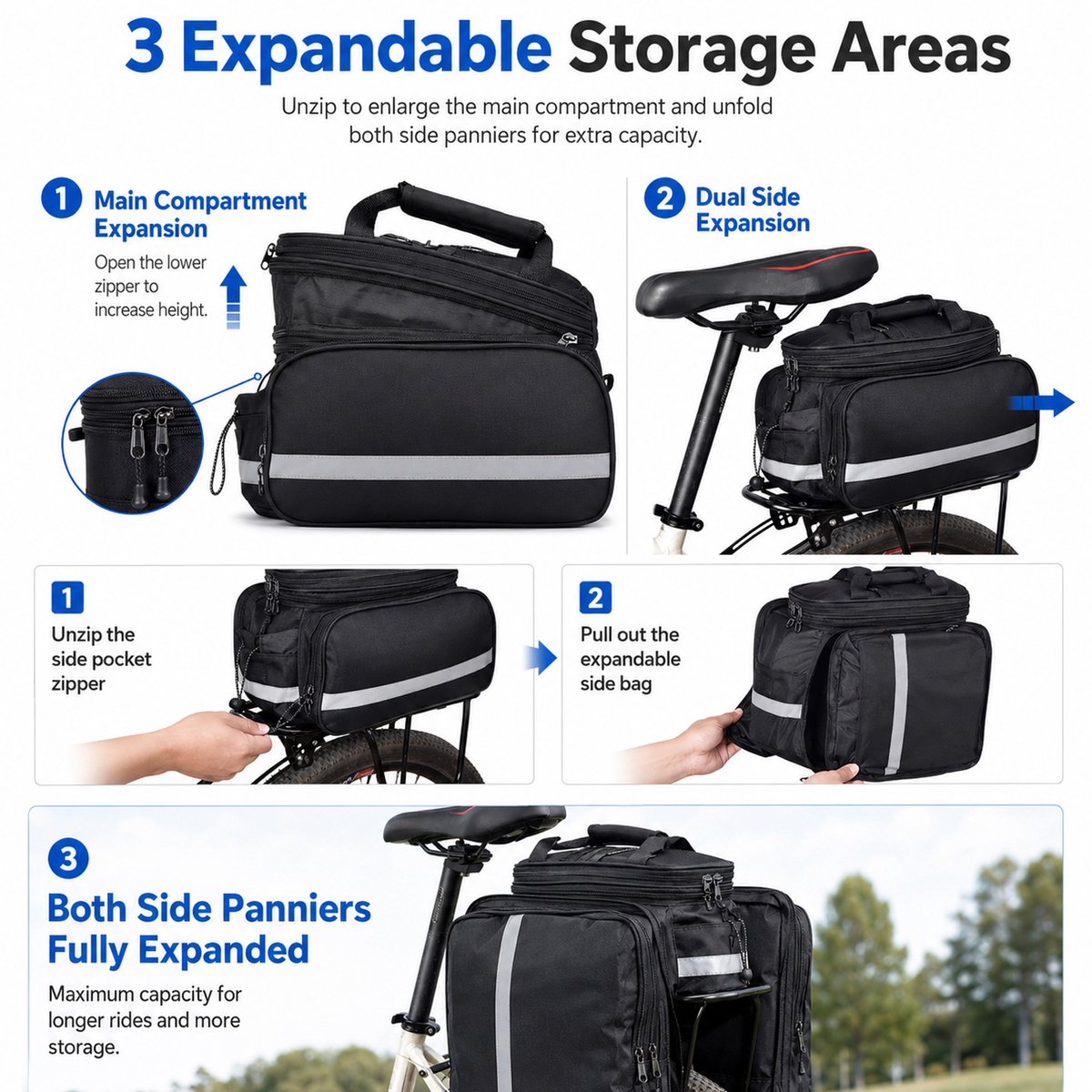 Waterdichte Fietstas Achterop Fiets – 27L Uitbreidbare Bagagedragertas – Touring Fietstas voor Lange Afstand – Met Regenhoes en Reflecterende Details – Zwart – 1 Stuk — cadeau in Sport & Outdoor - foto 6