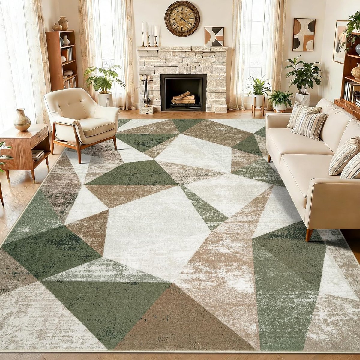 Vloerkleed voor de woonkamer, 160 x 230 cm, wasbaar, moderne tapijten, slaapkamer, laagpolig, voor woonkamer, kinderkamer (geometrisch)