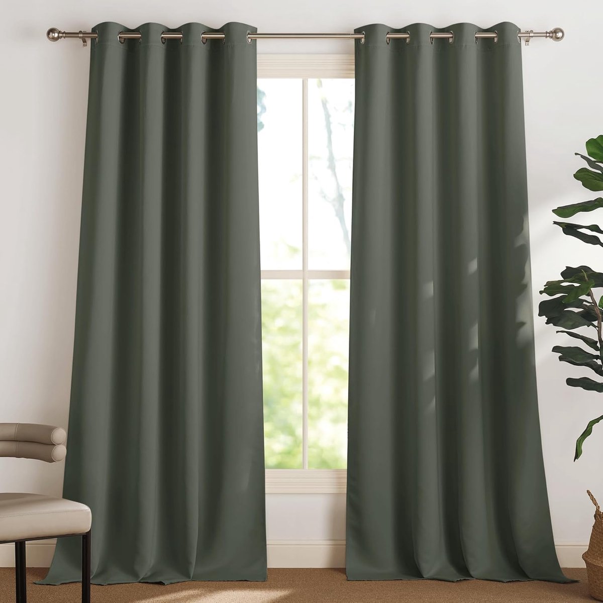 Dance Verduisteringsgordijnen met ringen, warmte-isolerend, ondoorzichtig, modern, voor woonkamer, 245 x 140 cm (h x b), grijs-groen, set van 2