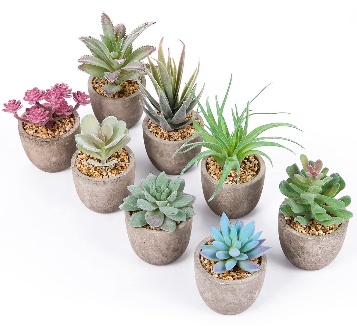 Kunstplanten, decoratieve planten, kunstvetplanten, 8 stuks, met grijze pot, decoratie voor buiten, tafeldecoratie, huis, balkon, kantoor, kunststof, neppe groene planten