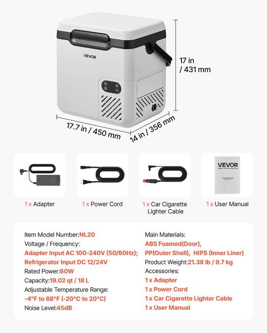 VEVOR Compressor Koelbox 18 L, Elektrische Autokoelkast met Handvat, -20 °C tot 20 °C, 12/24 V DC en 100-240 V AC, Draagbare Koelbox voor Kamperen, Reizen, Vrachtwagen, Camper en Boot van Vevor — afbeelding 3