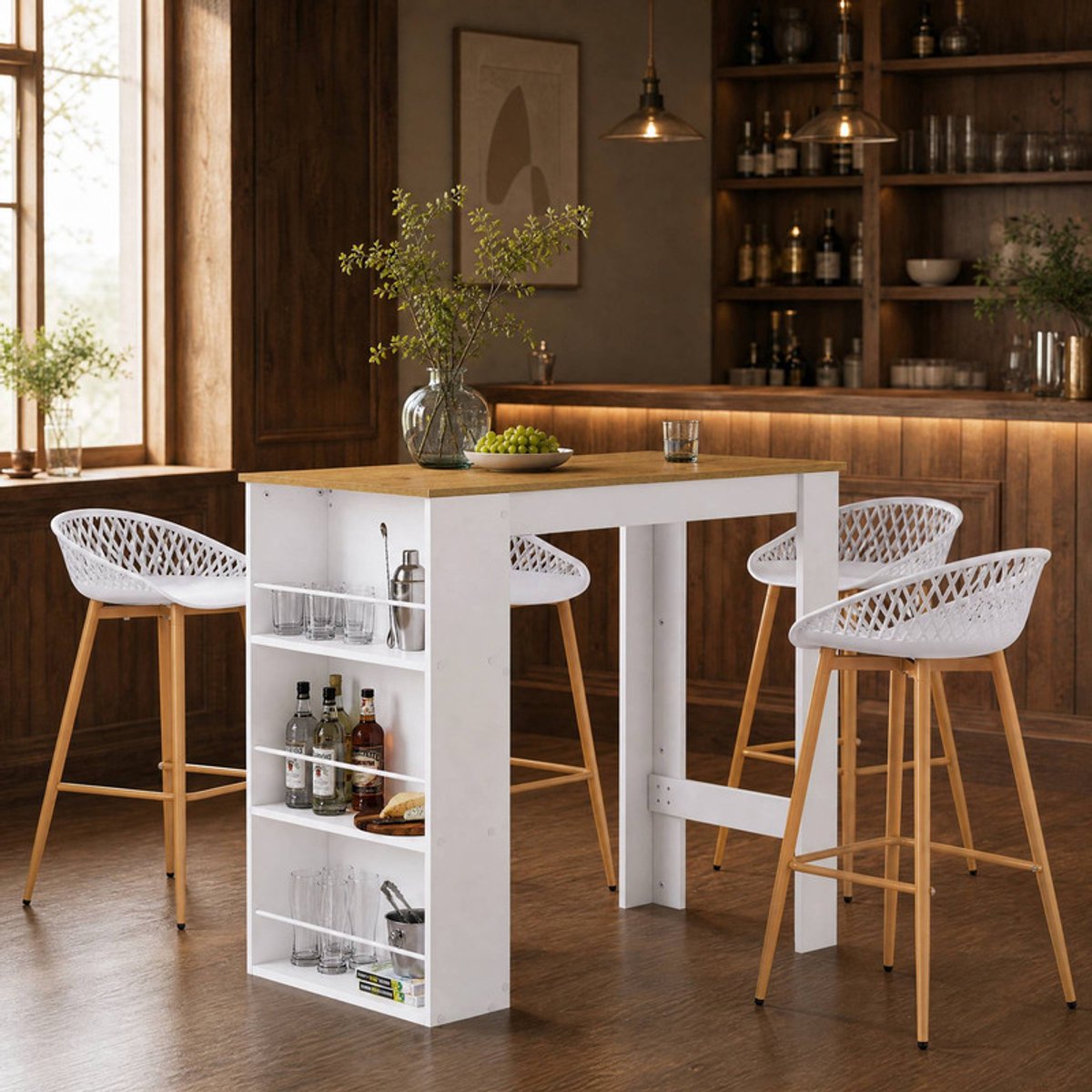 EGGREE Bartafel met barkrukken, donker eikenhout + 4 witte barkrukken | Keukentafel met stoelen - bartafel met opbergruimte voor keukens - eetkamers, bars