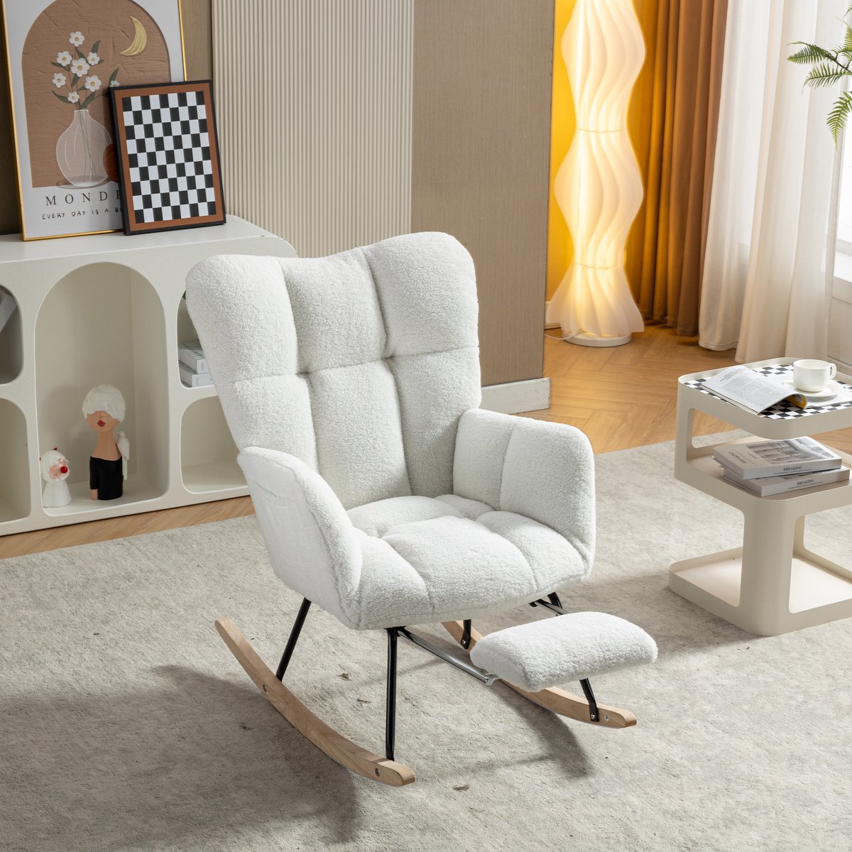 DESMIU Schommelstoel 80 x 98 x 98,5 cm - Met Inklapbare Voetensteun En Hoge Rugleuning - Voor Woonkamer En Slaapkamer - Teddy Stof Wit White