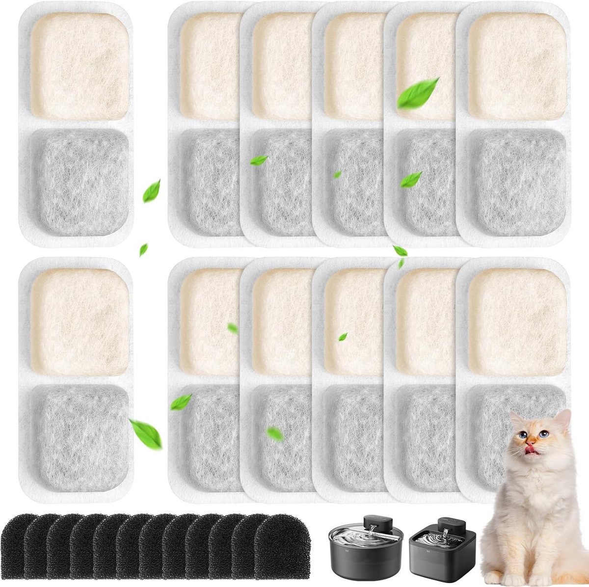Filter voor kattenfontein, 12 verpakkingen kattenfonteinfilter voor Oneisall 2,2L drinkfontein voor katten, incl. 12 stuks kattenfonteinfilters & 12 zwamfilters voor pomp