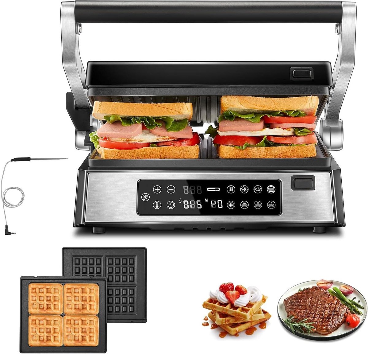 Contactgrill - Sandwichmaker Wafelijzer - Diverse Gerechten Bereiden - 4 Afneembare Platen - 2200 Watt - Zwart