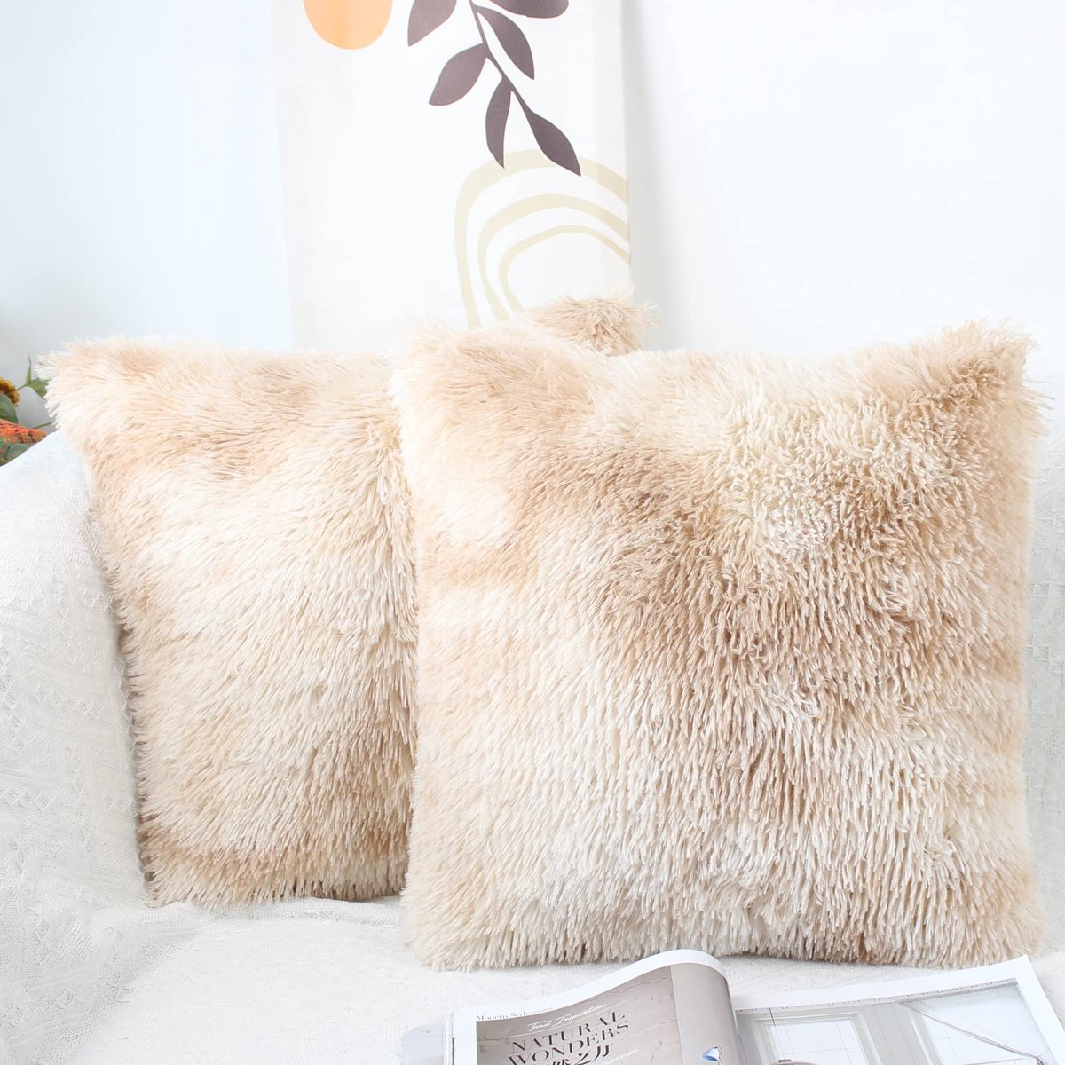 Set Van 2 Kussenhoes 45 x 45 cm Beige Pluizige Sierkussenhoes Kunstbont Knuffelkussenhoes Decoratief Knuffelkussen Pluche Sierkussen Kussenslopen Pluche Kussen Bankkussen