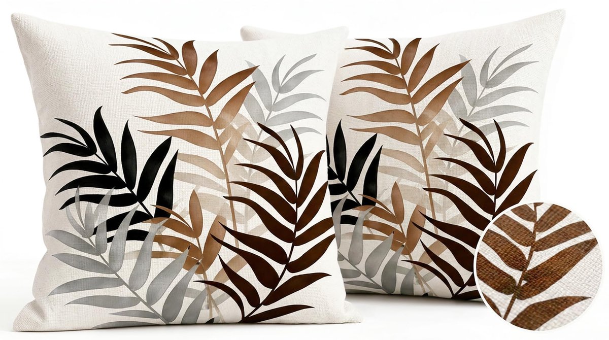 Set van 2 waterdichte kussenhoezen voor buiten, 40 x 40 cm, palmbladeren kleurverloop bruin, grijs en zwart, dubbelzijdig, decoratief, voor tuin, woonkamer, balkon, camping