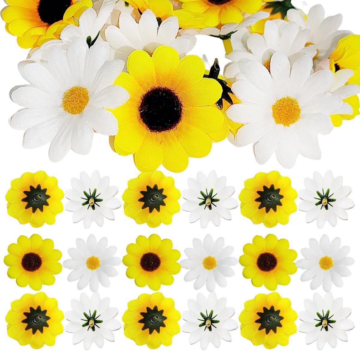 Kunstbloemen, madeliefjesdecoratie, witte kunstmadeliefjes, kunstmatige zonnebloemen, decoratie, geel, zonnebloemen, kunstbloemen voor doe-het-zelf handwerk, bruiloft, feest, kleding