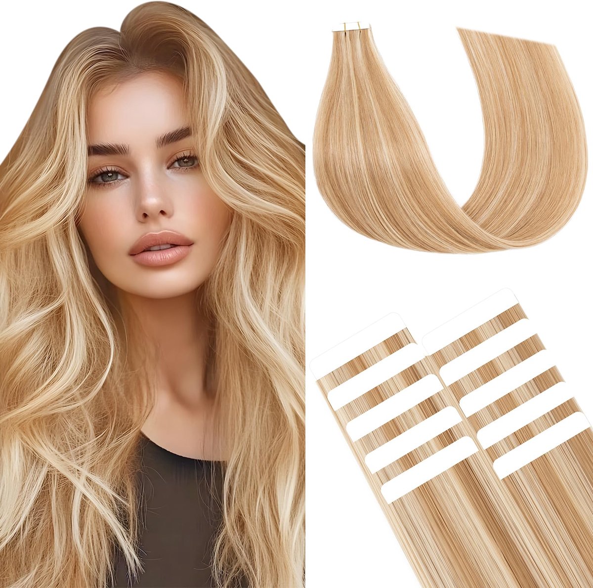 Tape in Haarextensies Menselijk Haar, 10Pcs 10g Plakband in Echte Haarextensies, Onzichtbare Tape in Menselijke Haarverlenging, Natuurlijke Haarextension, 35CM Goudbruin mix Lichtblond