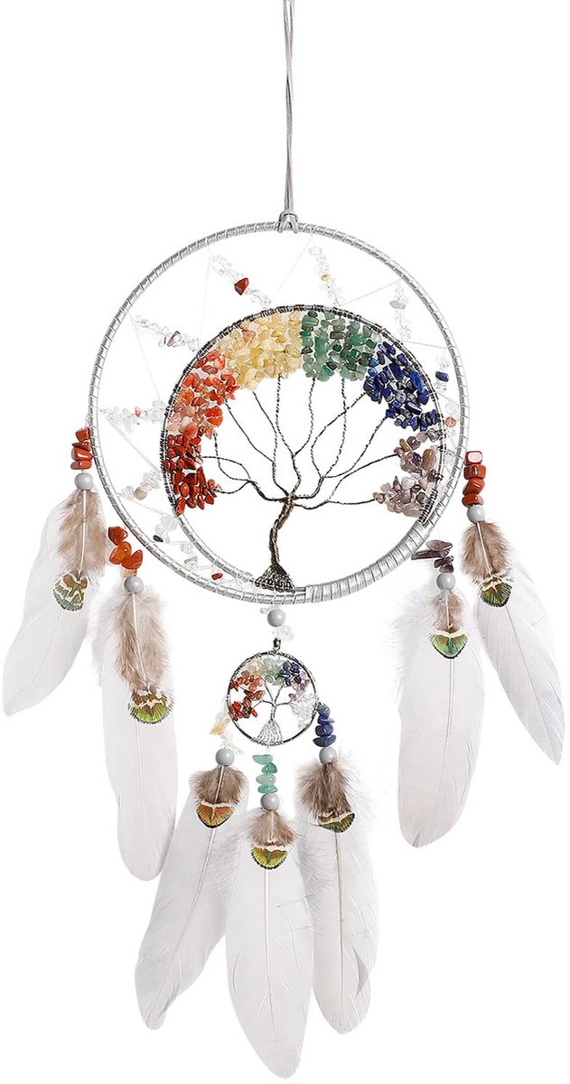 7 chakra's levensboom dromenvanger wanddecoratie met regenboog helende kristallen steen handgemaakte grijze veren dromenvangers muur hangende ornamenten voor slaapkamer woondecoratie zegen geschenk