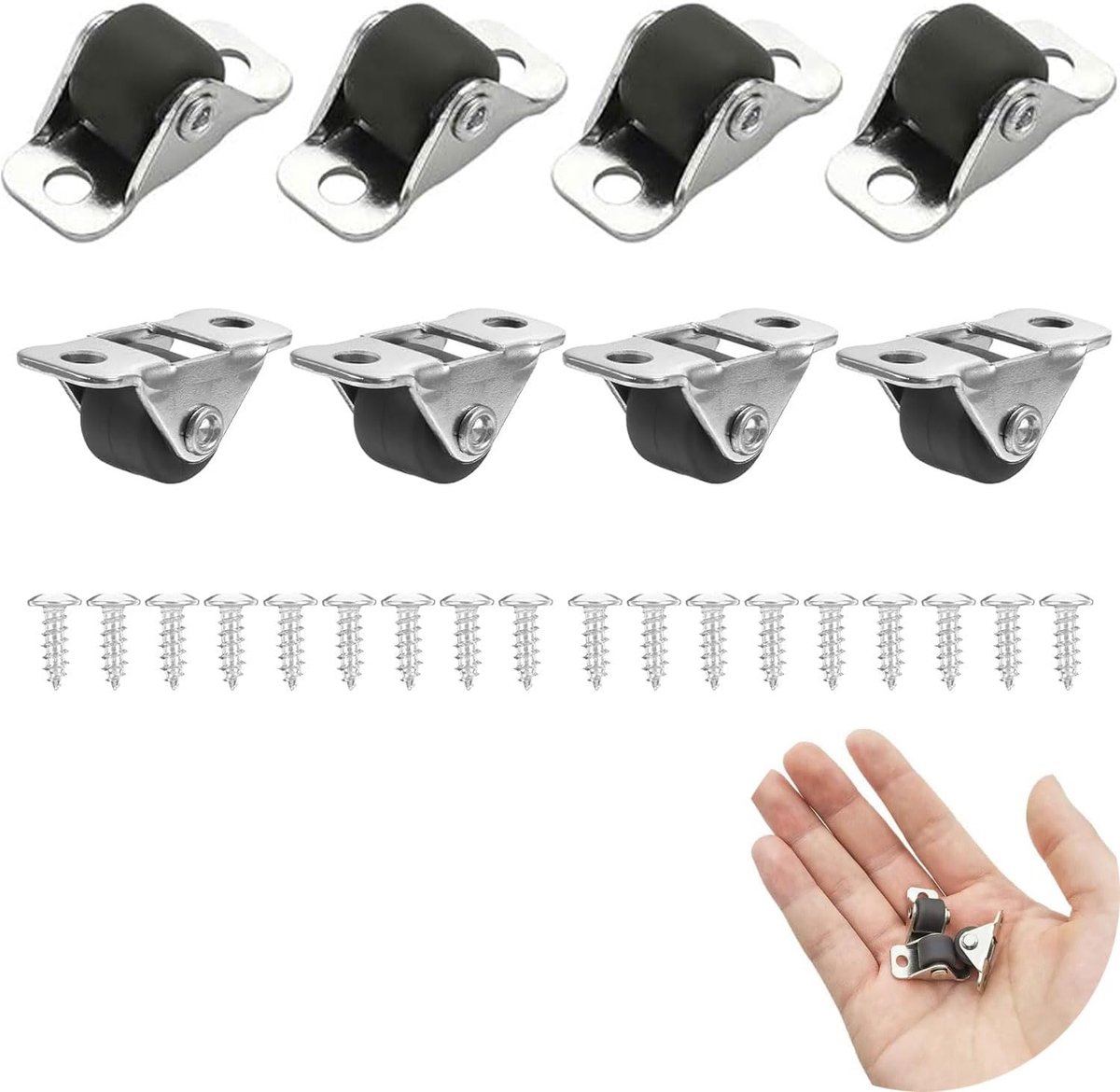 8 stuks meubelwielen, klein, mini-stille zwenkwielen van rubber met stalen bovenplaat, kleine wielen voor meubels, robuuste metalen constructie, laag profiel, stille zwenkwielen incl. schroeven