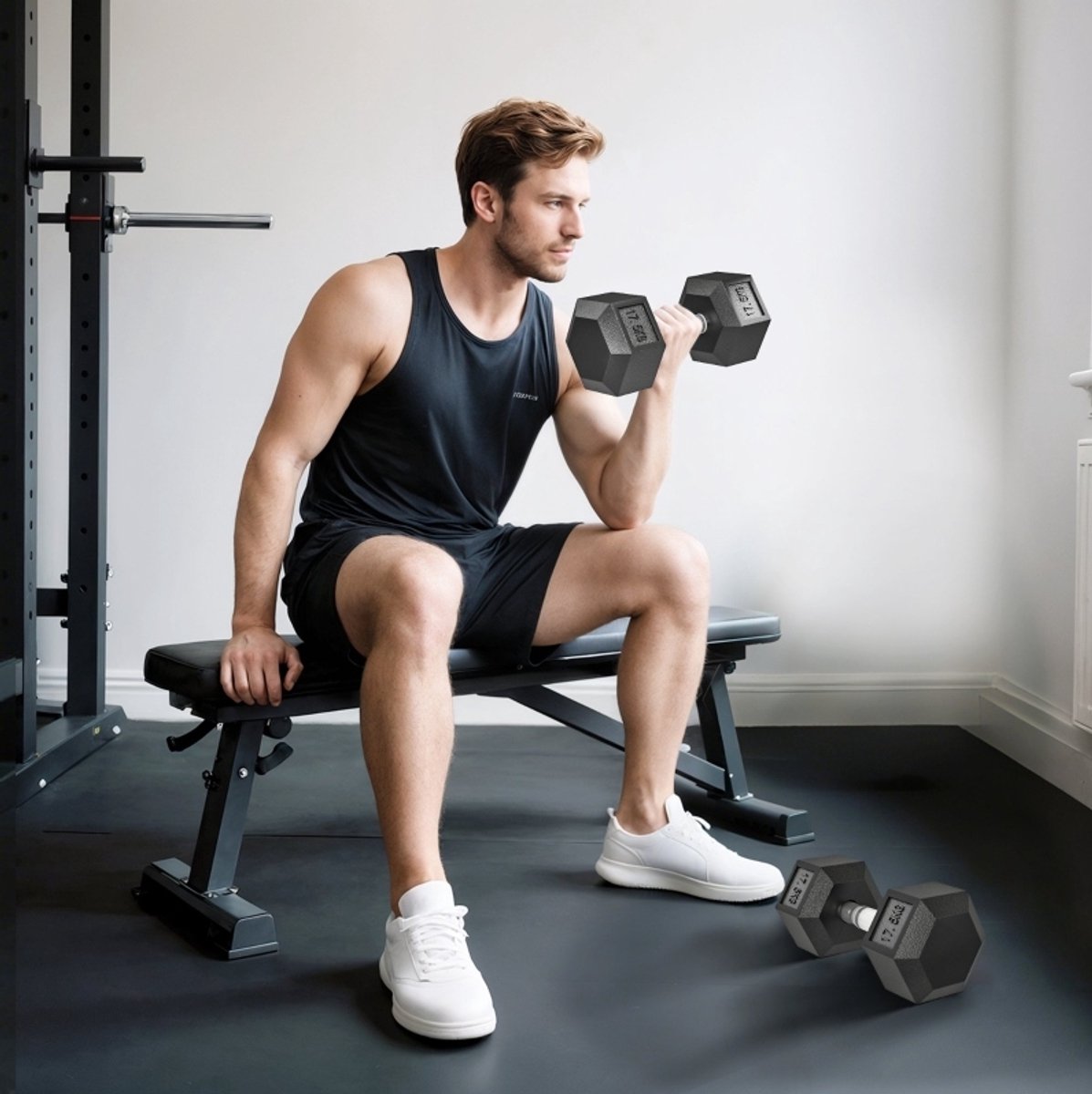 MEUNIQ hex dumbbells set 35 kg, 2 x 17,5 kg halters met antislip gekartelde greep, zeshoekig anti-rol ontwerp, metaal, zwart, voor thuis, sportschool en kantoor