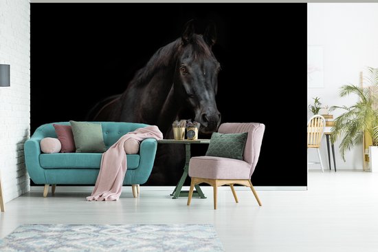 Woonkamer met fotobehang van een zwart paard achter een blauwe bank en een roze stoel.