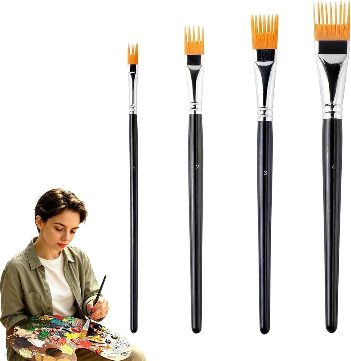 Artist Penselenset, 4 stuks, professionele platte kampenselen, platte kamkwast voor schilderen, knutselen, tekenen, voor kinderen, om in te kleuren, maakt snelle weergave van vacht mogelijk