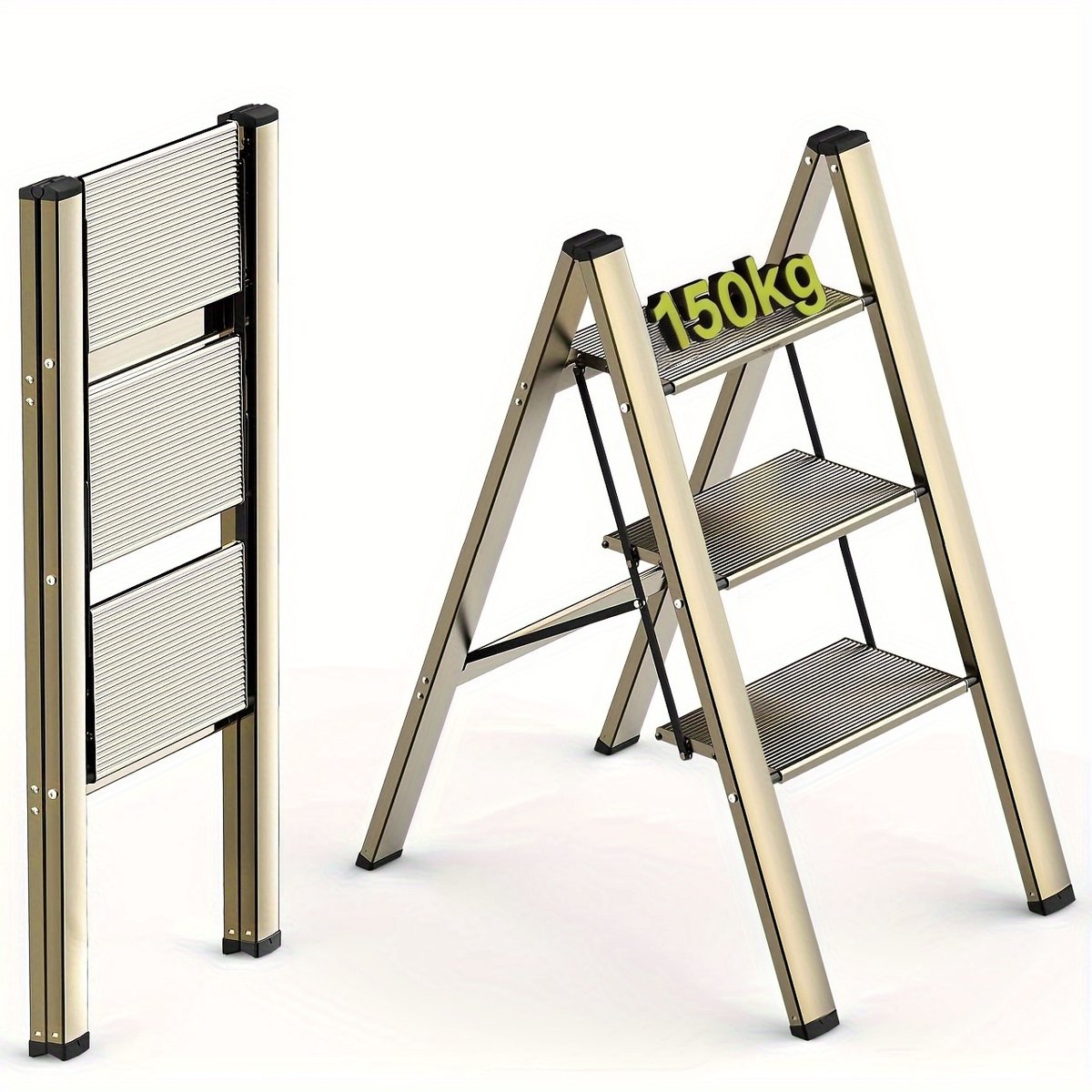 Opvouwbare trapladder - Drietrapsladder - Huishoudtrap met Brede Antislip Treden - Keukentrap - Huishoudtrap - Met antislip treden, compact op te vouwen, draagbaar - Aluminium - 82×65×45 cm - Voor thuisgebruik en keuken - Goudkleurig – foto 4