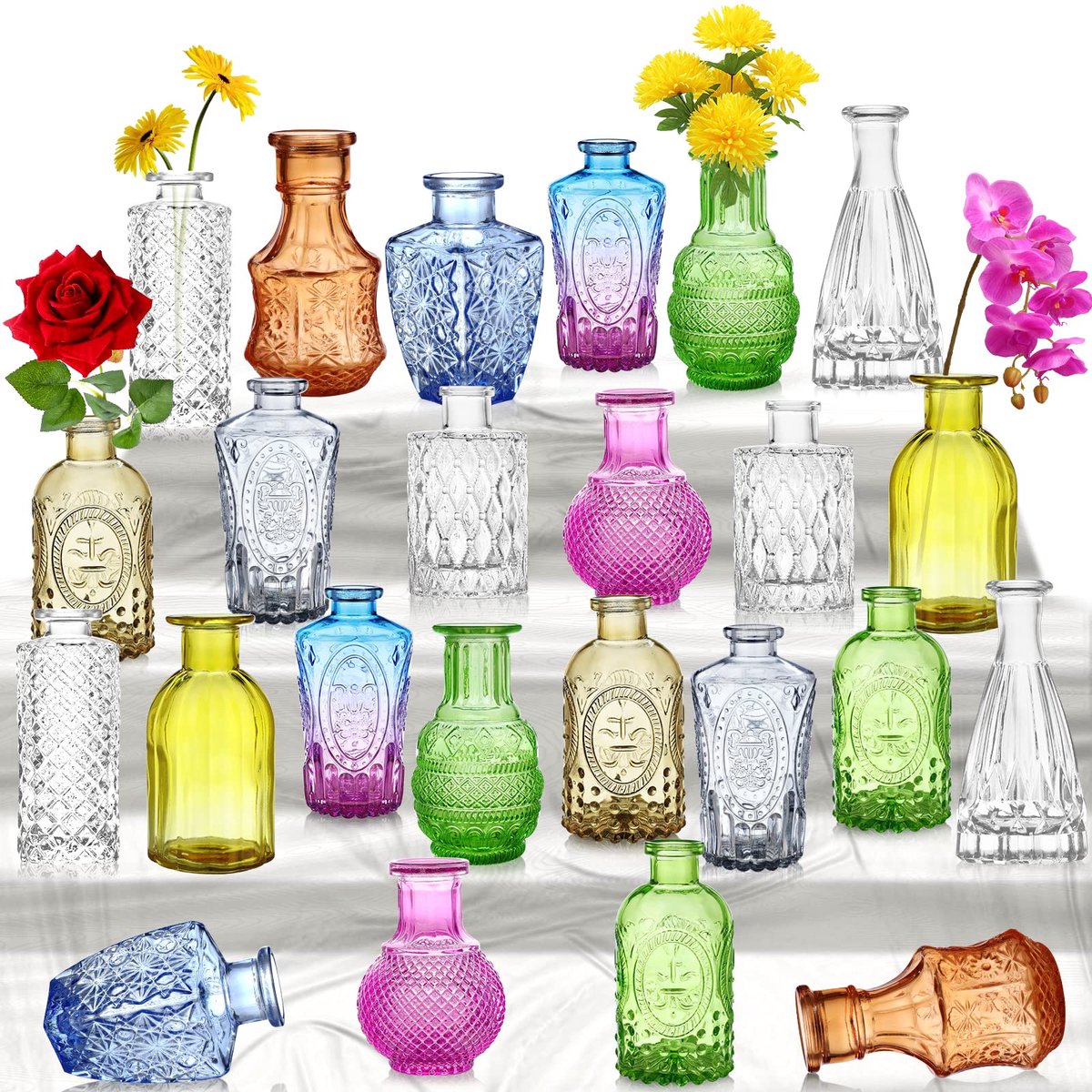 bud vazen set van 24, kleine vazen voor bloemen, kleurrijke enkele knop vazen in bulk, mini-decor rustieke vazen voor centerpieces, vintage glazen flessen voor bruiloft, huis, tafeldecoratie