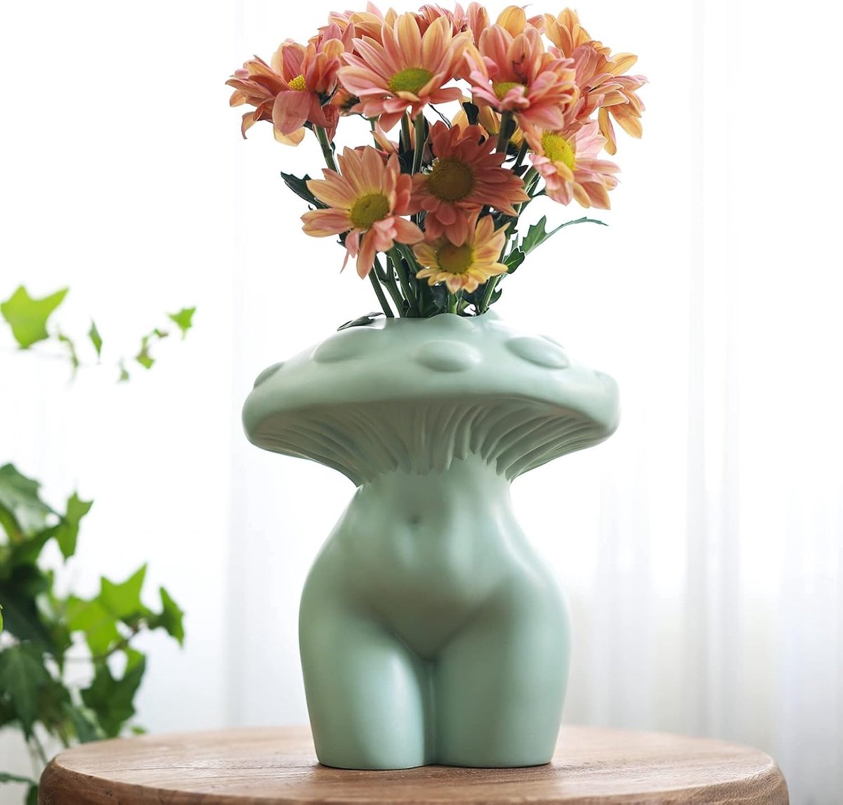 Vaas met paddenstoel vrouwenlichaam voor bloemen, unieke paddenstoeldecoratie, eclectische vazen met billen in vrouwenvorm voor bloemen, funky gezicht esthetische decoratie woonkamer, salie