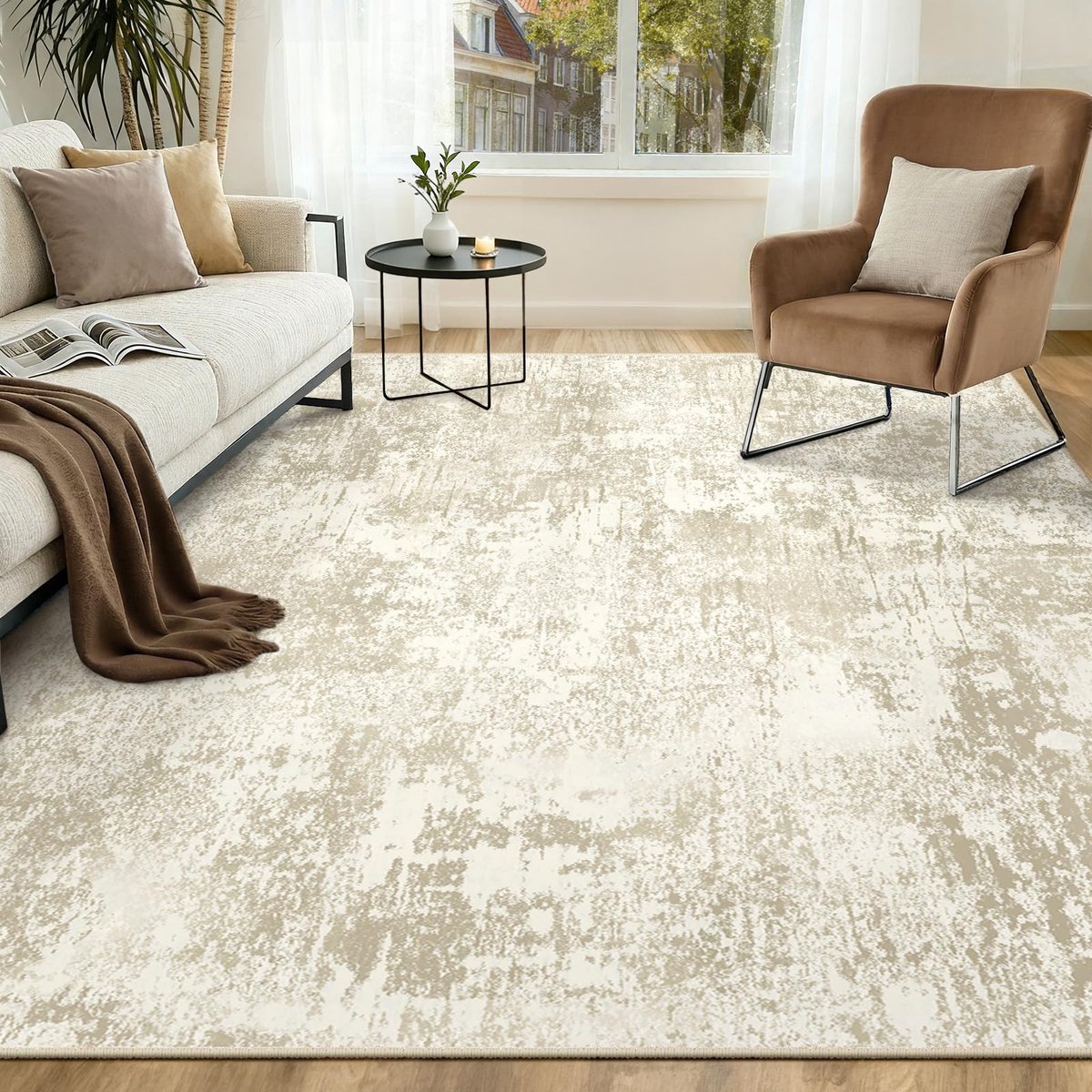 Machinewasbare Tapijten 180x270 cm Moderne Abstracte Vloerkleed Laagpolig Antislip Tapijt met Print Patroon voor Woonkamer Slaapkamer Huiskontoor Binnenhuis Beige