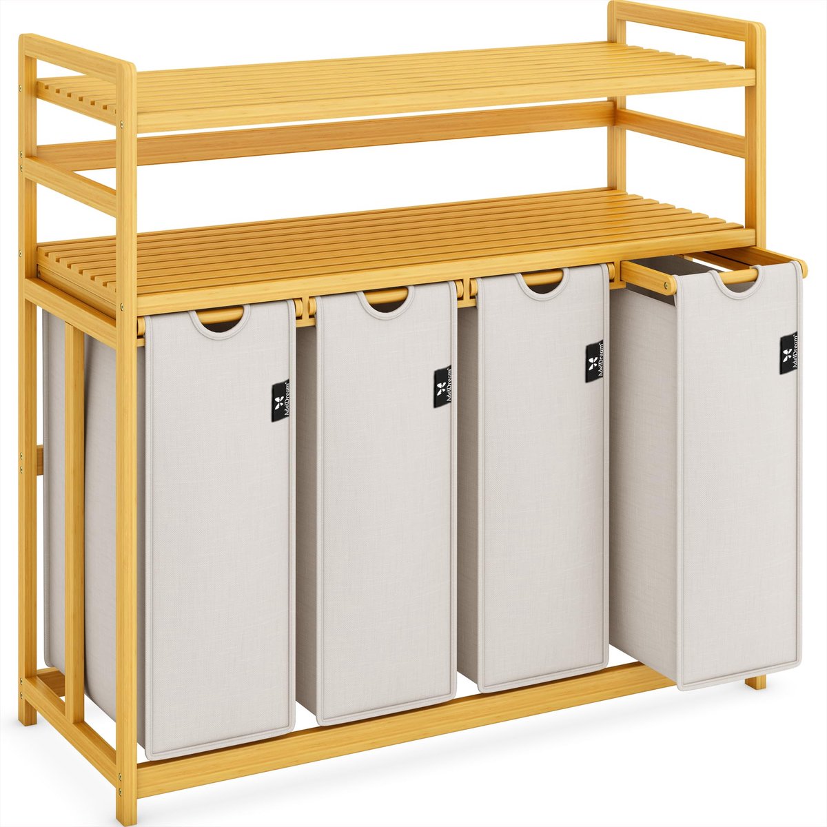 Premium wasmand 200 liter, wassorteerder met 4 vakken en 2 planken, bamboe wasmand met uittrekbare en afneembare waszak, lichtgrijs