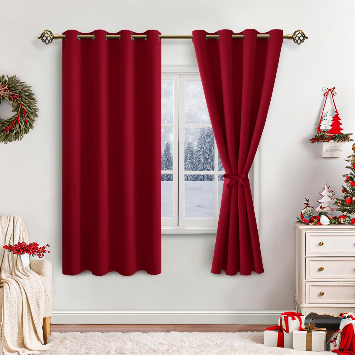 Verduisterende gordijnen, inslagringen, voor slaapkamer, woonkamer, rood, 2 stuks, 175 x 140 cm (H x B)