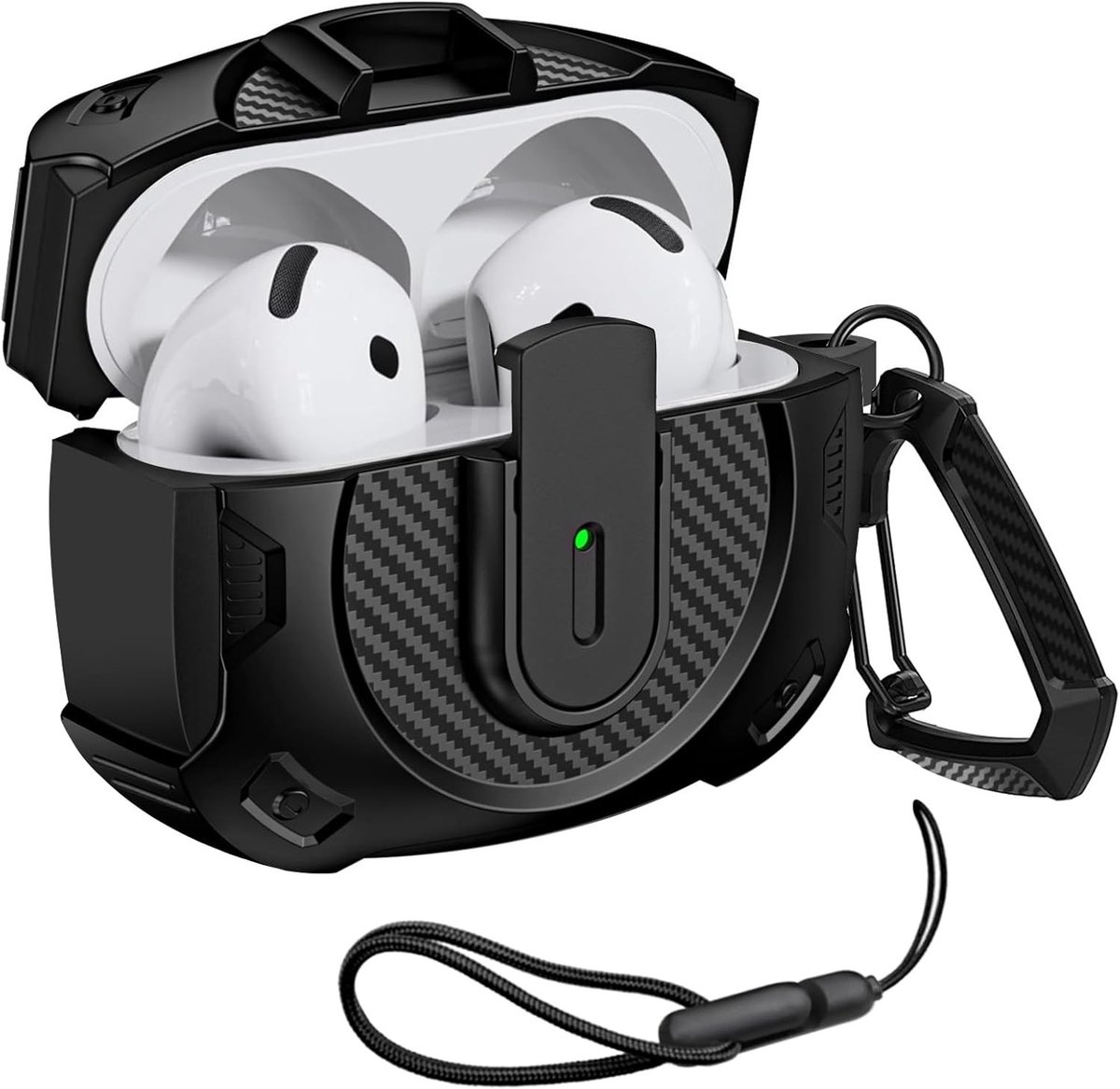 Schokbestendige hoes voor AirPods 4 met sleutelhanger en slot - Draadloos opladen, bescherming en stijl (zwart)