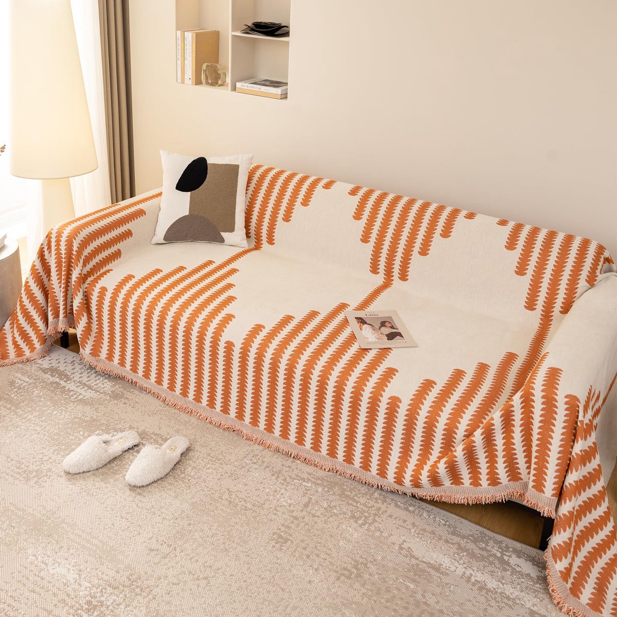 zachte plaids, chenille grote sofa deken met kwastjes voor 2-, 3- en 4-zits, jacquard patroon settees gooien voor bank, fauteuil en bed 180 x 300 cm-oranje