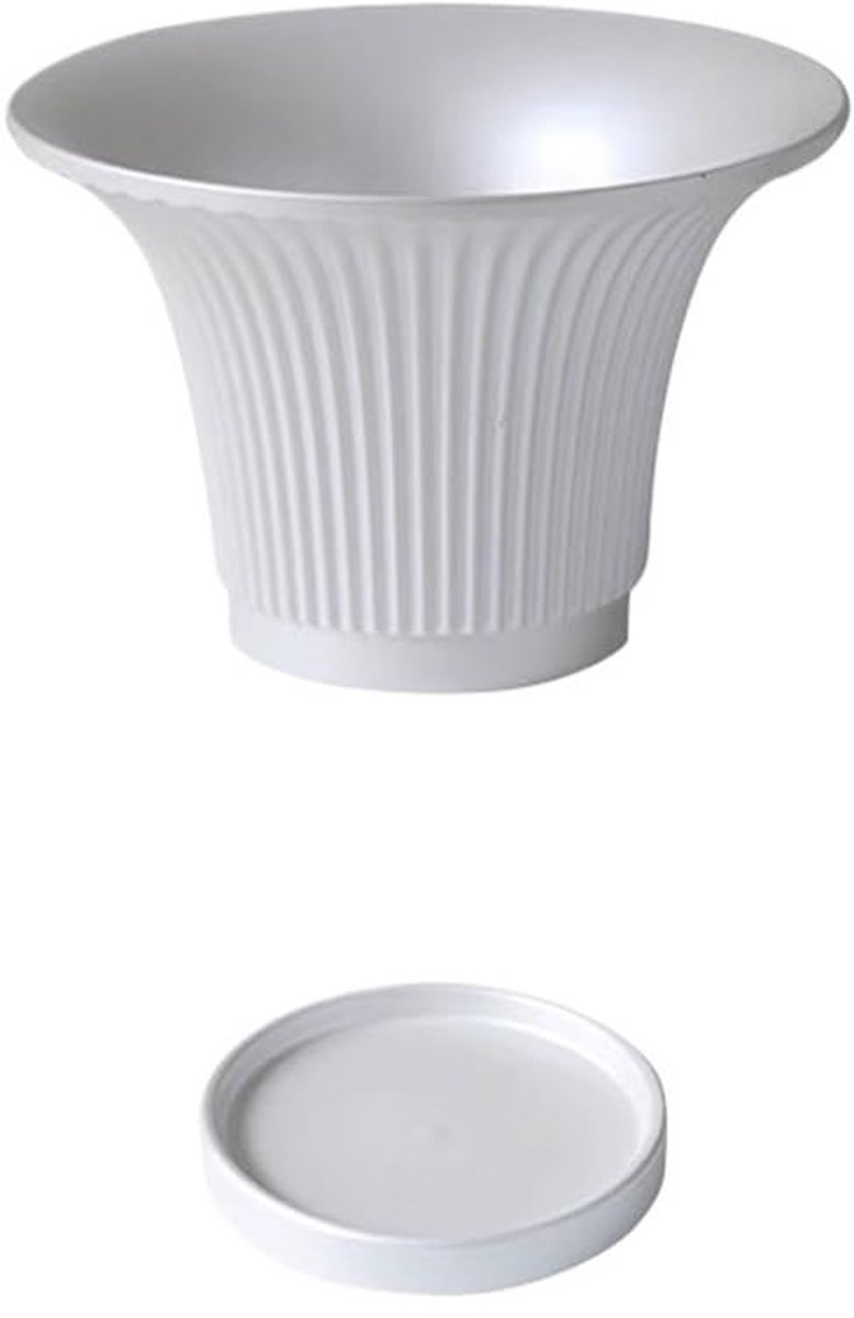 Plantenpot met ronde streeptextuur, afvoergat en schoteltjes, keramiek, bloempot, for kamer, balkon, kantoorplanten, container (3 kleuren)(Wit)