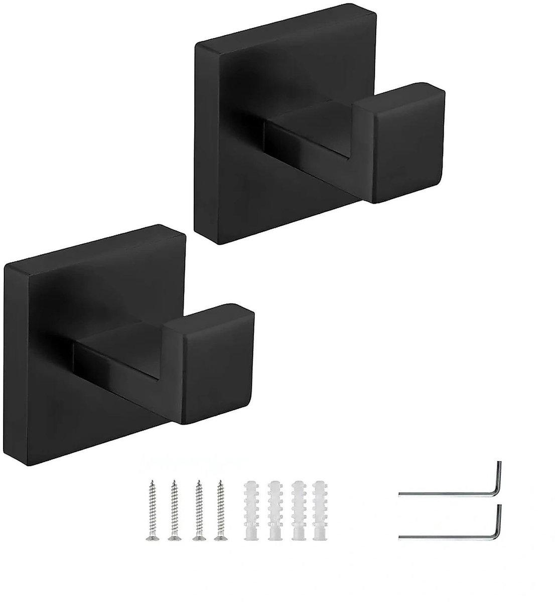 Handdoekhaken om te boren, 2 stuks, zwarte handdoekhaken van roestvrij staal, handdoekhouder zwart met boren met vierkante basis en installatiegereedschappen voor badkamer, toilet, keuken en