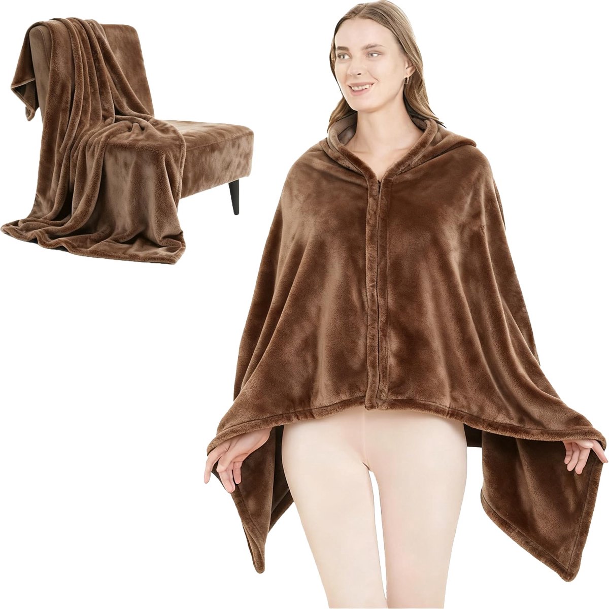 Flanellen deken, poncho voor dames en heren, extra zachte wintercape als bankdeken, reisdeken, warme woondeken voor thuis, vliegtuig, kantoor en camping, duurzaam, 180 x 90 cm