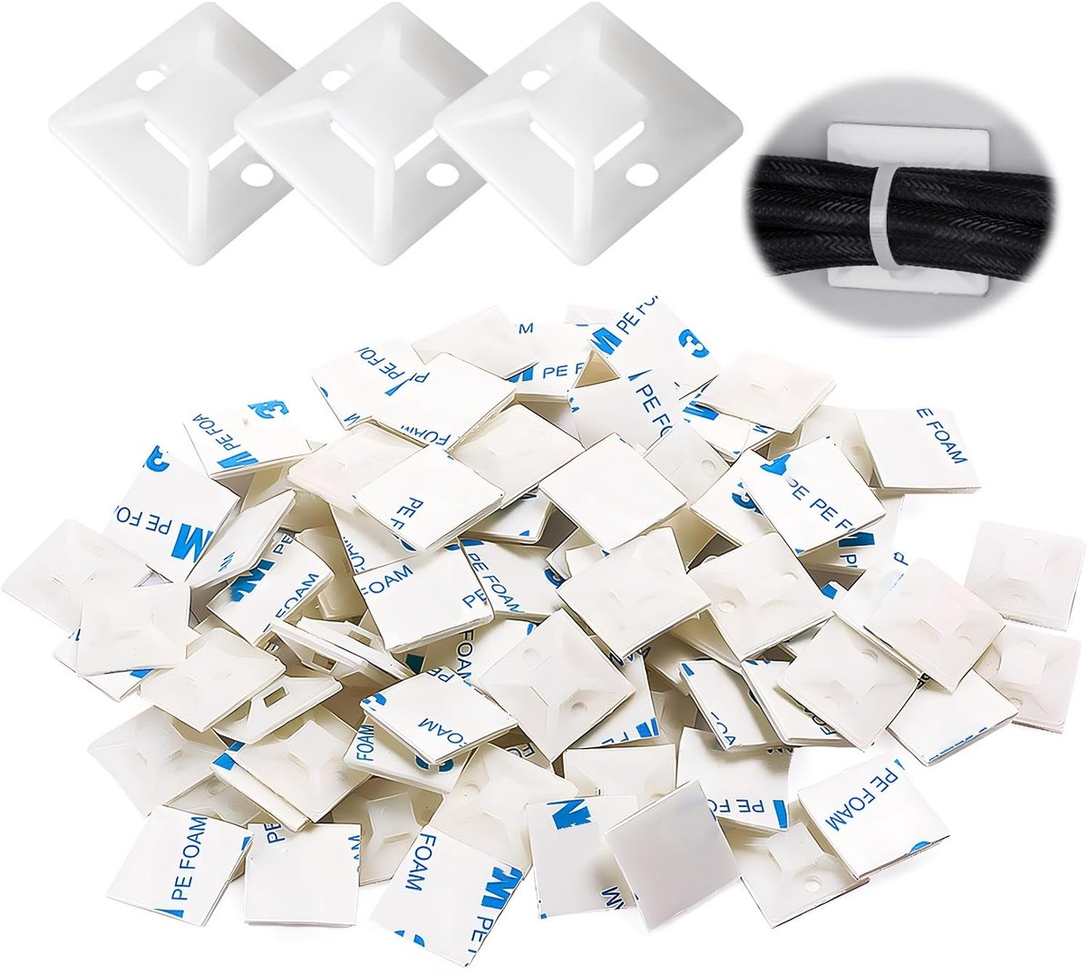 Dailygoods- Kabelclips Zelfklevend - 100 Stuks - Sokkels 20 x 20 mm - Kabelhouder - Kabelmanagement - Sterke Lijm - Nylon - Kabelhouders