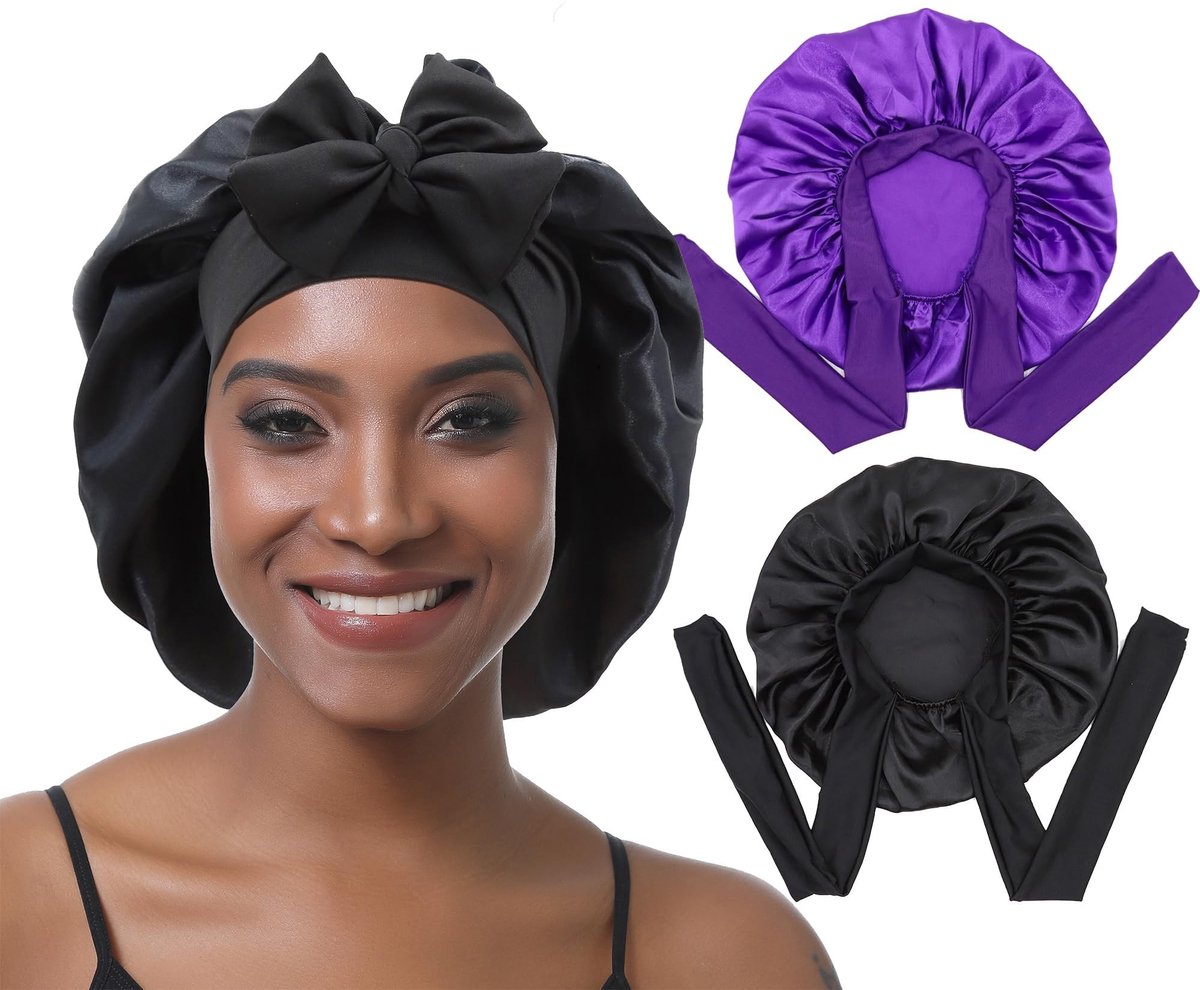 Dailygoods- Slaapmuts Satijn - 2 Stuks - Verstelbare Haarmuts - Antislip Bonnet - Ruime Nachtmuts - Voor Dames en Meisjes