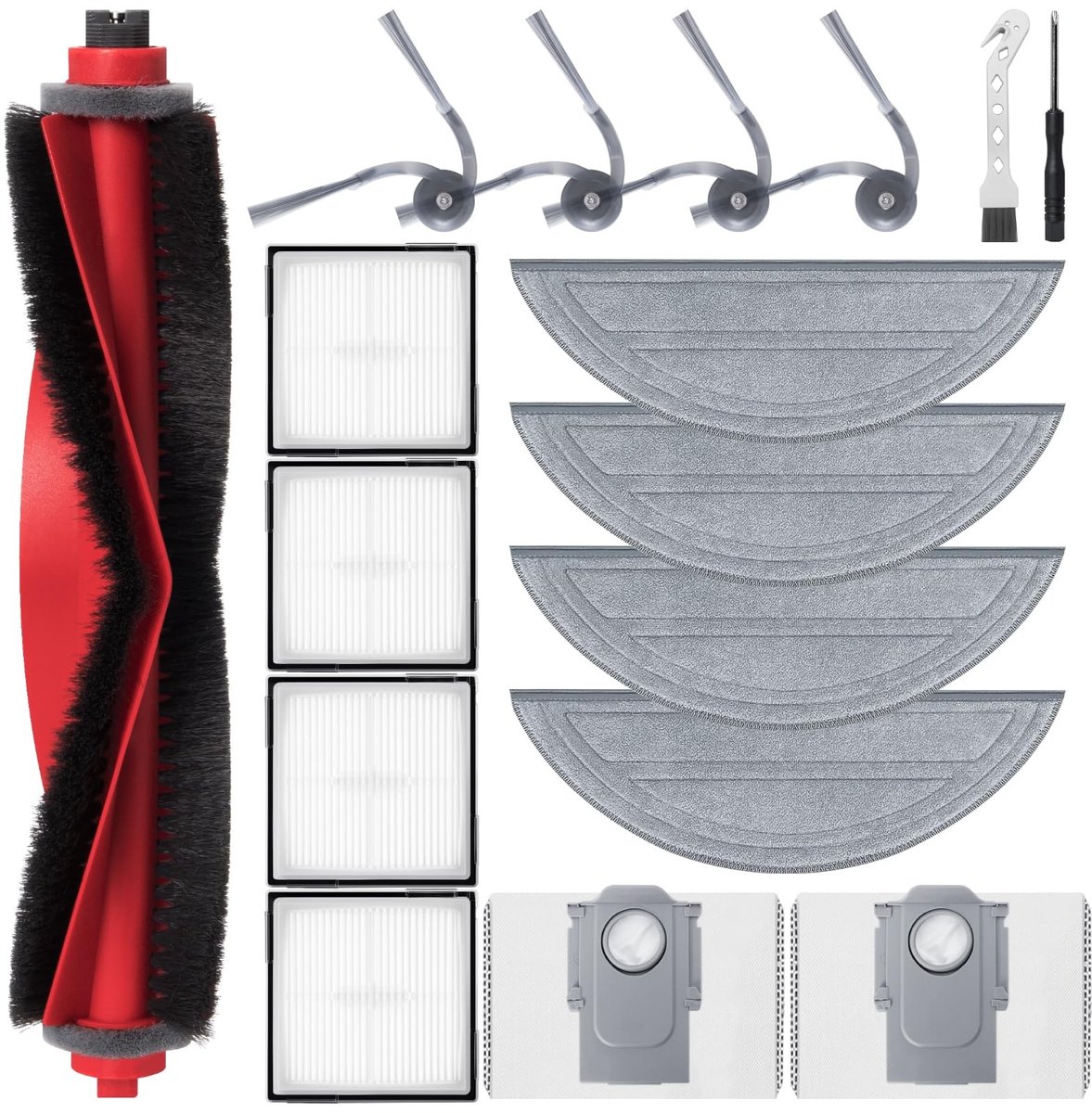 Dailygoods- Accessoireset voor Roborock Q10 S5 - 1 Hoofdborstel - 4 Hepa-filters - 4 Schoonmaakdoeken - 4 Zijborstels - 2 Stofzakken - Inclusief Schroevendraaier - Robotstofzuiger Onderdelen