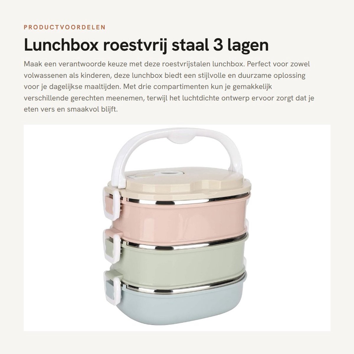 Dailygoods- Lunchbox Roestvrij Staal Luchtdicht - Draagbaar - Handvat - 3 Lagen - 18 x 15 cm - Milieuvriendelijk - Voedselcontainer