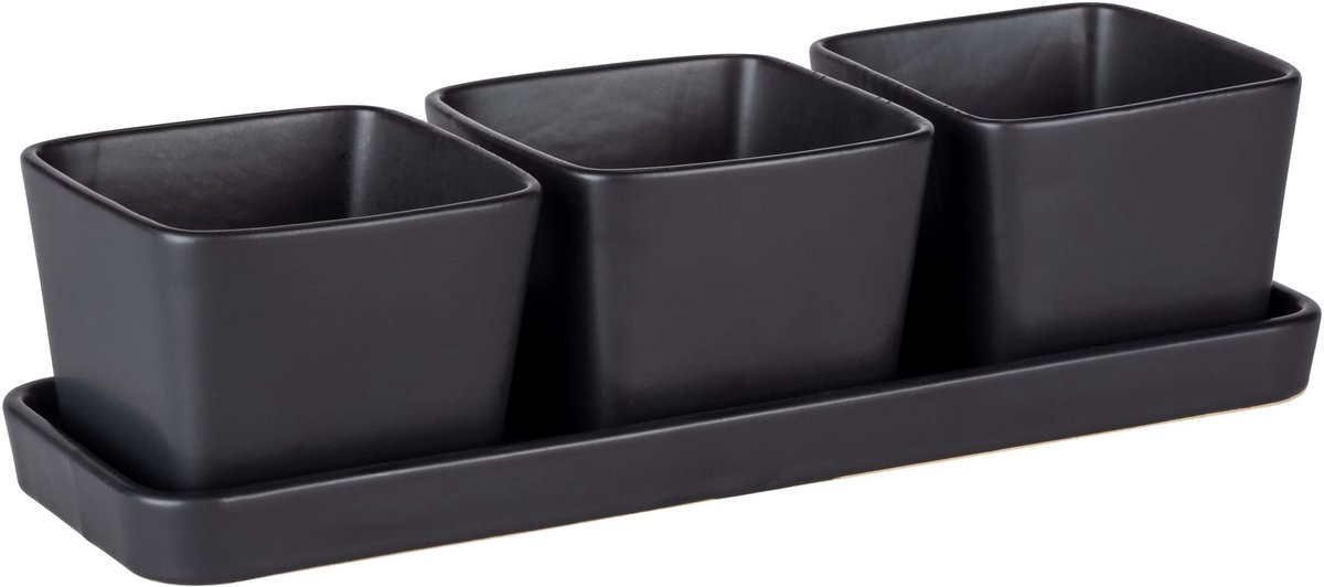 Set snackschaaltjes, 4 stuks, klein dienblad met 3 × 300 ml kommetjes van hoogwaardige keramiek, Black Outdoor Kitchen-accessoire, ideaal voor tapas, snacks & fingerfood, 30 × 10 × 8 cm, zwa